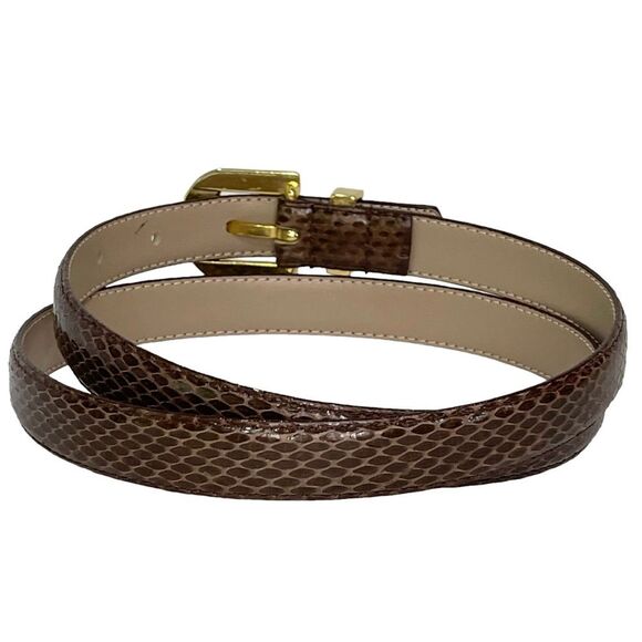 VTG Skinny Genuine Snake Skin Brown Belt Gold Buckle Chic Dressy Textured Size L - Picture 1 of 11